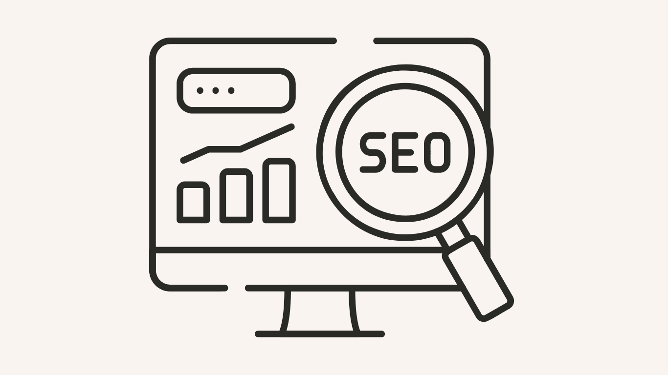 コンピュータの画面にSEOに関連するグラフや統計が表示されているイラスト。拡大鏡が『SEO』の文字を強調し、検索エンジン最適化に関する概念を表現しています。